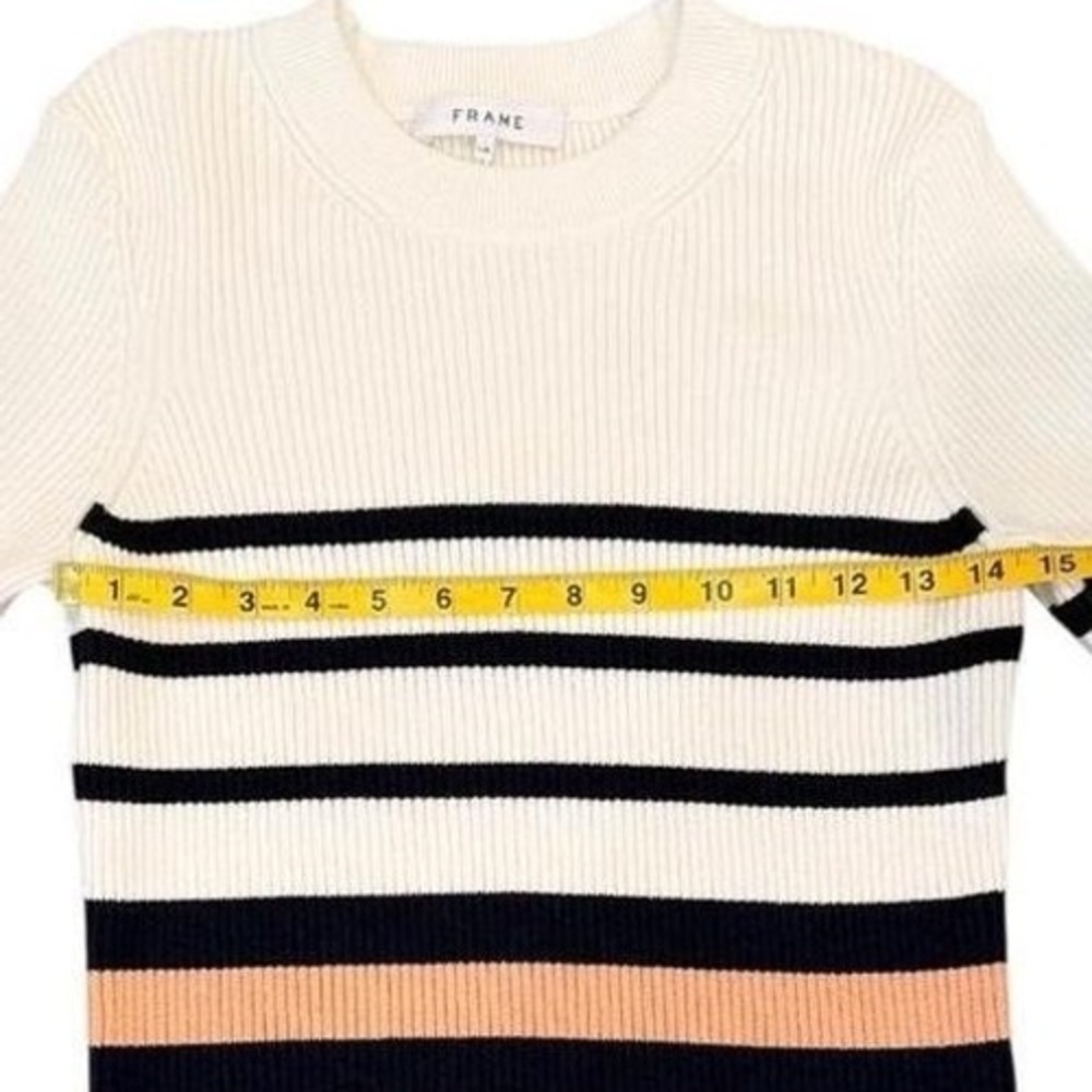 FRAME Ribbed Knit Striped Sweater White Navy Blue Peach Elbow Sleeve Womens L - Picture 7 of 8
